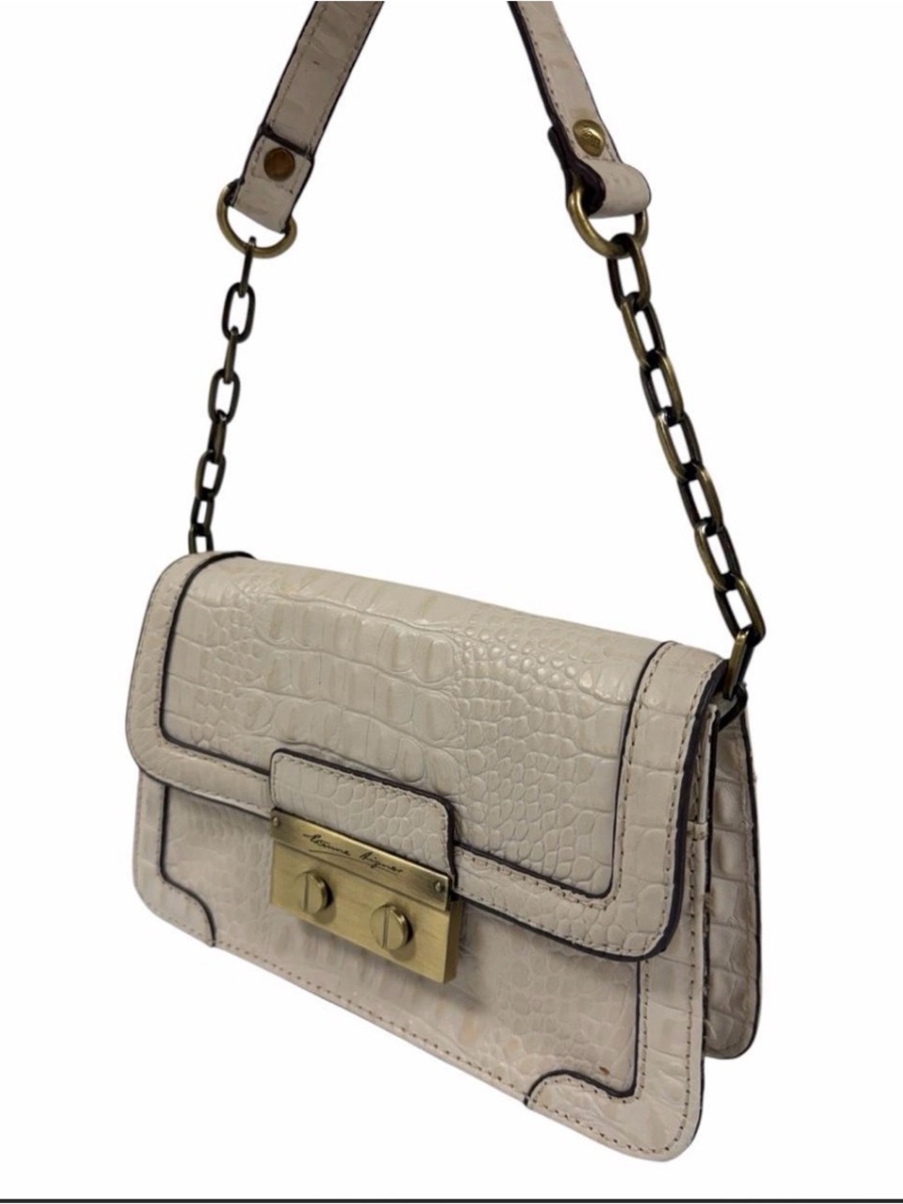 Etienne Aigner Croc Embossed Bone Ivory Leather Shoulder Bag Brass Hardware